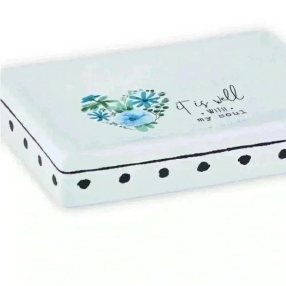 It Is Well With My Soul White Ceramic Soap Dish W/ Blue Flowers & Black Accents - Picture 11 of 13
